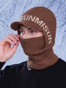1pc Men's Autumn/Winter Letter Cycling Neck Warmer & Beanie Set, Casual Windproof Knitted Embroidered Ski Hat