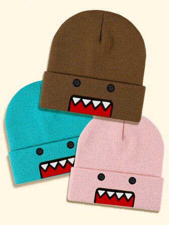 KERESLINA 1pc Autumn/Winter Outdoor New Cartoon Smiling Face Embroidery Knit Hat, Multi-Color, Ear Protection, Windproof, Warm