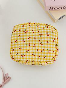 1 Pieza Bolsa de maquillaje acolchada con diseño de cereza, de gran capacidad, con cremallera, práctica y de moda, esencial para viajes y vacaciones, para almacenar artículos de higiene femenina, auriculares, cargadores, cosméticos, perfumes, productos de cuidado de la piel, y talla grande. Regalo ideal para mamá, mujeres, enfermeras, estudiantes, chicas escolares, y para decoración del hogar.