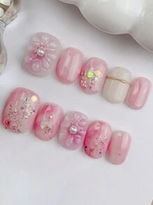 10 件浪漫梦幻粉紫色混合 3D 仿珍珠小花闪光方形可穿戴美甲配件，附带果冻凝胶按压指甲美甲用品 - 彩色 - 查看 2