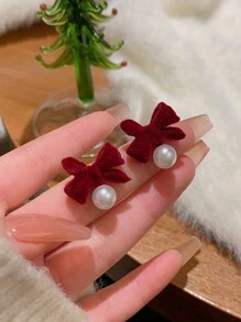 1 对勃艮第天鹅绒蝴蝶结珍珠耳钉，优雅，适合女士日常、节日和派对佩戴 - 酒紅色 - 查看 2