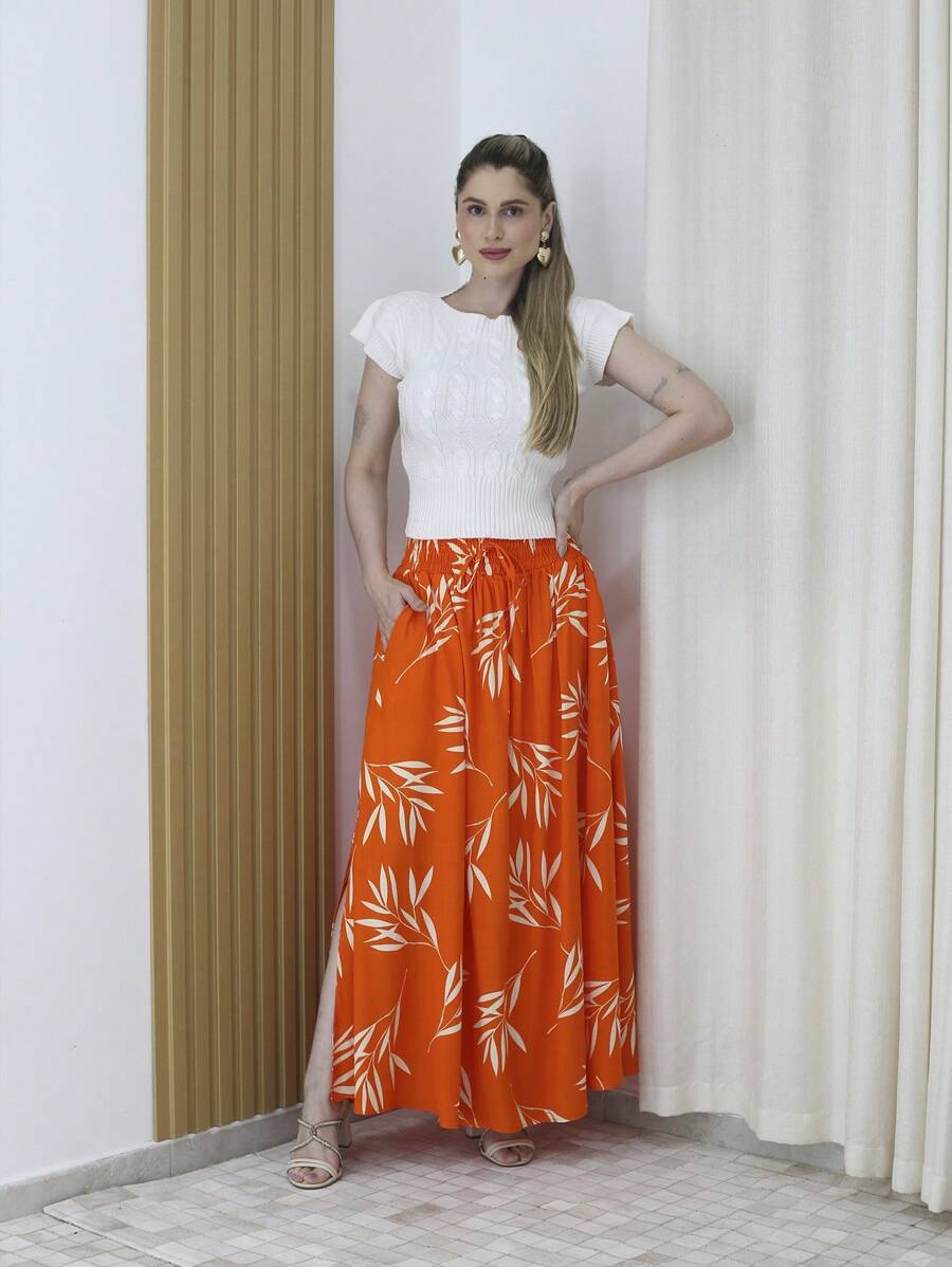 Steve Store Women's Fashion Viscose Fabric Skirt With Lining, Has Pocket And Slit On The Sides - trái cam - Xem 1