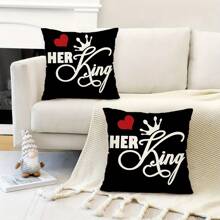 2 vỏ gối chữ ngày lễ tình nhân, vỏ gối hình vương miện trái tim "HIS Queen HER King", vỏ gối nhung đào tối giản hiện đại có khóa kéo ẩn in một mặt, không có ruột gối, ngày lễ tình nhân, đám cưới, kỷ niệm ngày cưới của các cặp đôi, trang trí nhà cửa, trang trí văn phòng, trang trí phòng khách, trang trí ghế sofa (không có ruột gối) - Nhiều màu - Xem 5