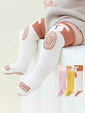 3 pares de calcetines hasta la rodilla antideslizantes con estampado de animales de dibujos animados para bebés, apropiados para primavera y otoño