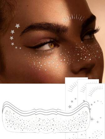 6 hojas de tatuajes temporales de cara con brillo tipo pecas, pecas de glitter plateado, manchas brillantes, parches de maquillaje con brillo para elevar el look, accesorios de maquillaje con brillo para mujeres y niñas