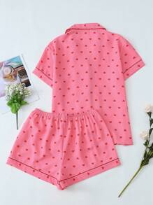 2 Pieces Women Heart Printed Short Sleeve Button Shirt Top And Shorts Sleepwear Set, Summer Casual Loungewear,Two Pieces Set