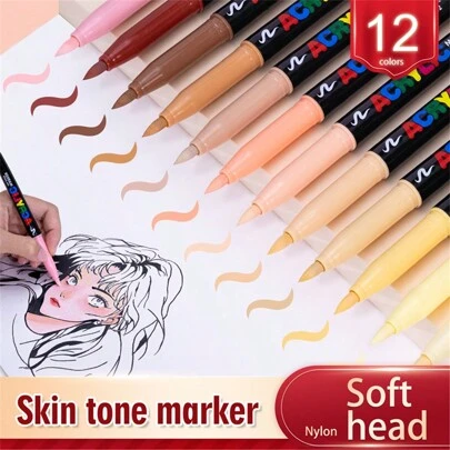 GuangNa 24/12 Colors Skin Tones Soft Art Markers Acrylic Paint Pens Set Stationery For Sketch Portrait Manga Drawing Sketching Supplies For Canvas, Rock Painting, Wood, Stone, Glass, Ceramic,Fabric Painting, DIY Crafts