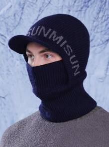 1pc Men's Autumn/Winter Letter Cycling Neck Warmer & Beanie Set, Casual Windproof Knitted Embroidered Ski Hat