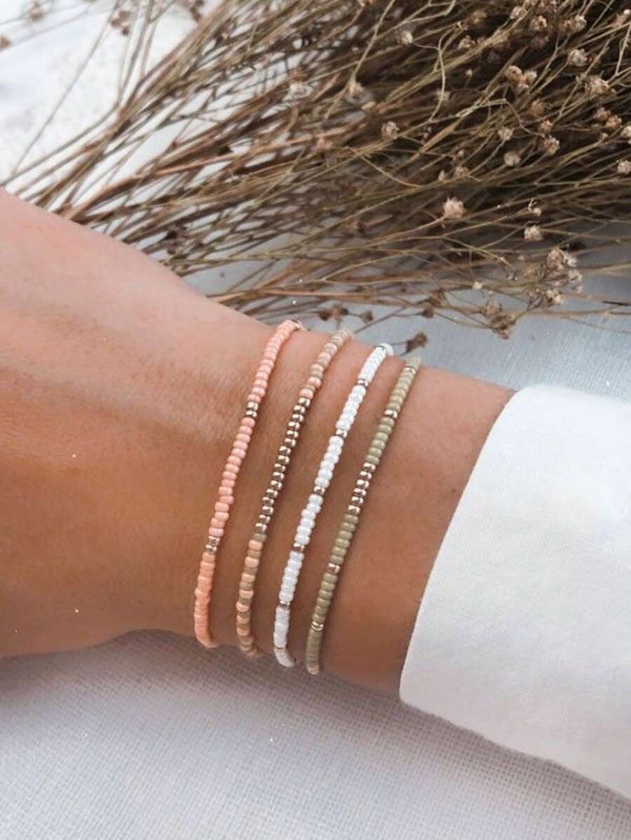 4 件/套手工混色串珠多层弹力手链套装适合女士、度假和派对珠宝配饰