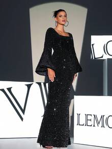 Black Long Sleeve Flared Cuff Square Neck Sequin Maxi Evening Gown - Black - View 3