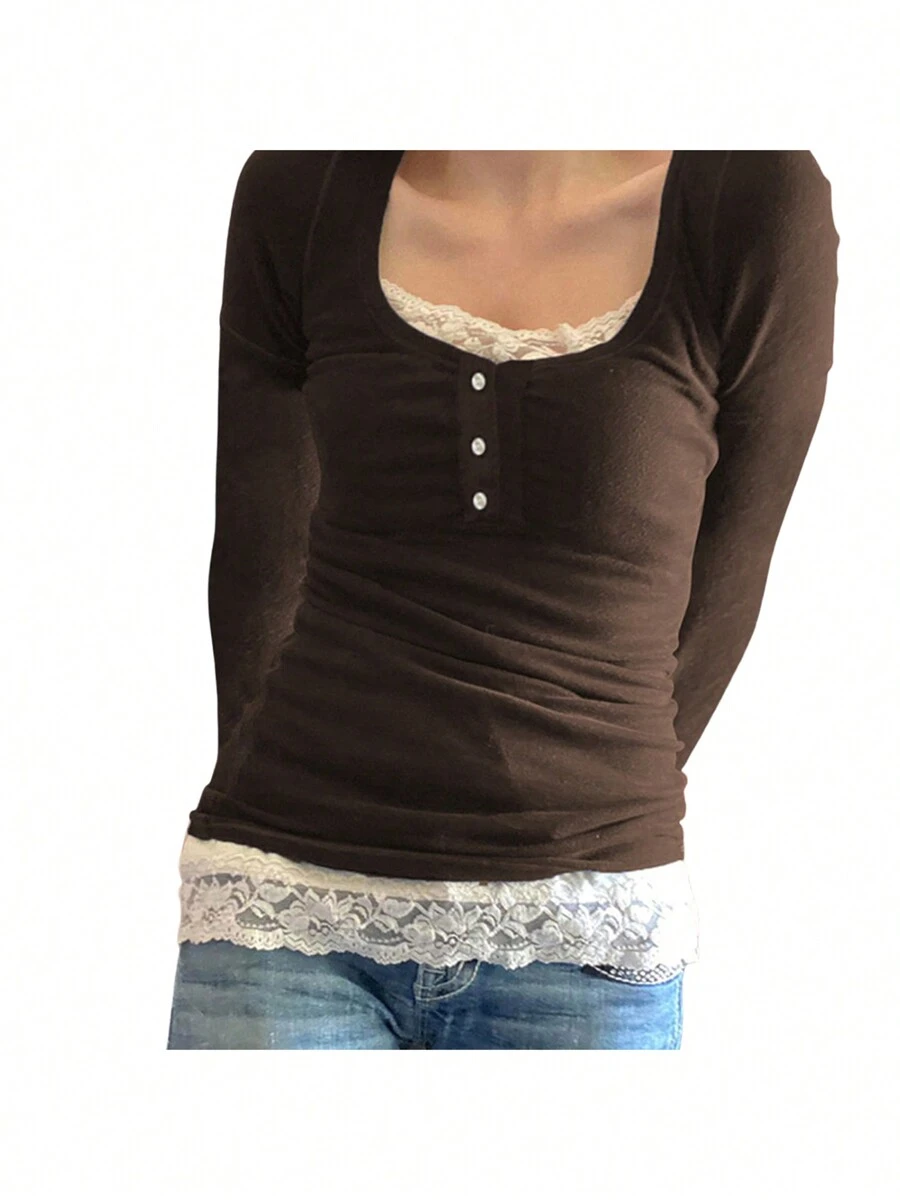 Women Fashion Lace Stitching T-Shirt Long Sleeve Sweet Temperament Shirts Square Neck Spring Fall Tops - 深棕色 - 查看 1