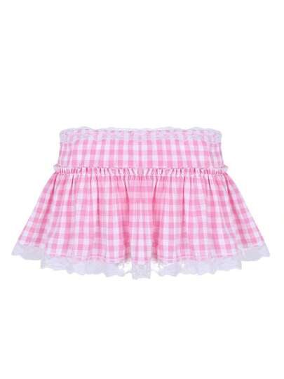 Women Gingham Plaid Miniskirt, Adults Sexy Lace Trim Princess Pleating Skirt Pink, Blue