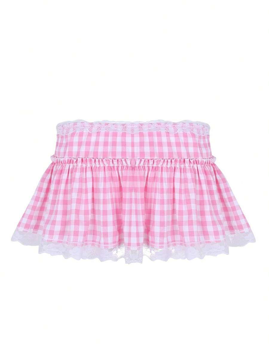 Women Gingham Plaid Miniskirt, Adults Sexy Lace Trim Princess Pleating Skirt Pink, Blue - 粉色 - 查看 1