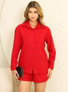 Women's Linen Shorts And Shirt Set - Red - View 3