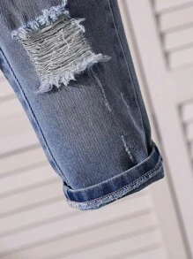 Set 3 bucăți cămașă casual cu dungi pentru băieți + pelerină de culoare solidă la modă + pantaloni lungi din denim rupt elegant - Bleu - Vizualizare 5