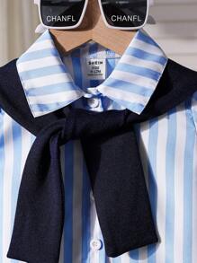 Set 3 bucăți cămașă casual cu dungi pentru băieți + pelerină de culoare solidă la modă + pantaloni lungi din denim rupt elegant - Bleu - Vizualizare 3