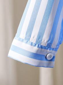 Set 3 bucăți cămașă casual cu dungi pentru băieți + pelerină de culoare solidă la modă + pantaloni lungi din denim rupt elegant - Bleu - Vizualizare 4