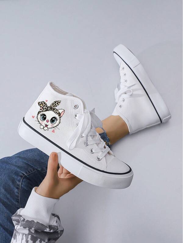 Women's Creative Leopard Print & Cat Pattern Mid-Top Canvas Sneakers, Simple & Versatile White Canvas Casual Running Shoes For Daily Wear