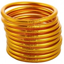 Bộ 10 chiếc vòng tay ống nhựa PVC màu hồng cánh sen và vàng đậm, họa tiết kim loại phun sơn, vòng tay thạch xếp chồng lên nhau trông rất dày dặn, dùng để dự tiệc - lá vàng giả - Xem 8