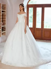 优雅露肩手工串珠贴花舞会礼服婚纱（不含衬裙）新娘礼服