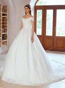 Robe de mariée Empire à l'épaule dénudée avec appliqués perlés élégants (jupon non inclus), robe de mariée pour la mariée