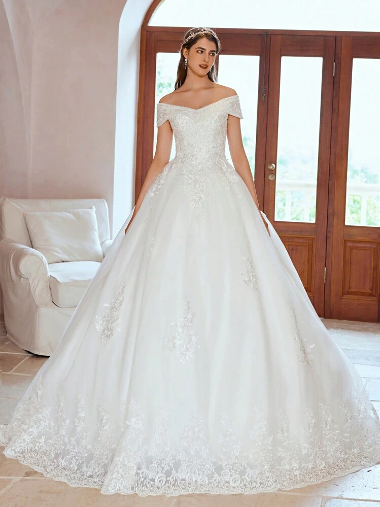 Elegant Off-Shoulder Handmade Beaded Applique Tulle Skirt Wedding Dress (Slip Not Included), Bridal Gown - Beige - View 2