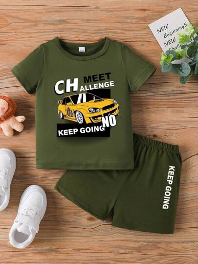 2 Stück Baby Jungen Lässig Set aus Kurzarm T-Shirt mit Buchstaben-Muster und Shorts, Sommer