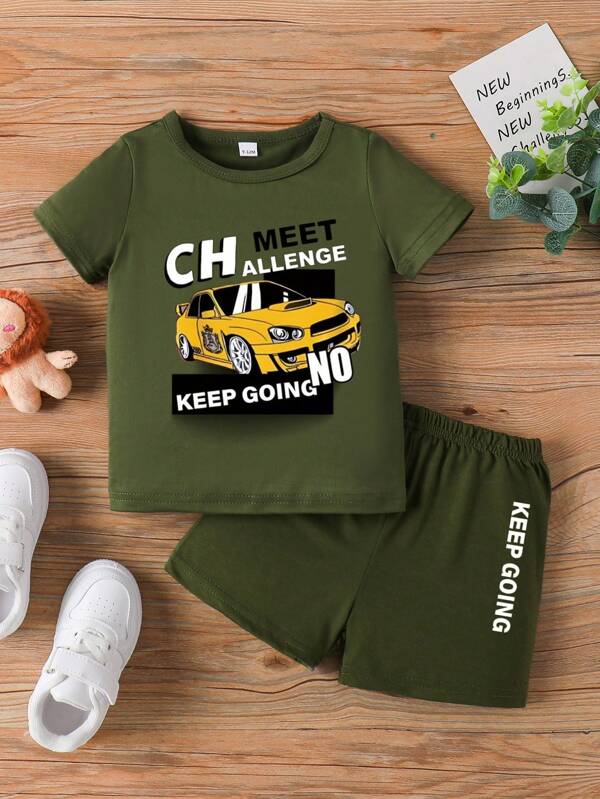 2pcs Baby Boy Casual Letter Print Short Sleeve T-Shirt And Shorts Set, Summer