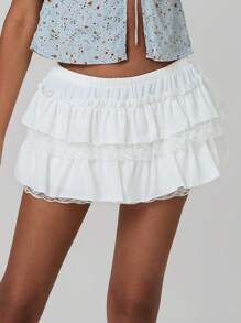 Women Y2k Lace Ruffle Bloomer Skirt Frill Tiered Solid Color Short Skirts Cute Layered Flowy A Line Mini Low Waist Short Skirt - 白色 - 查看 5