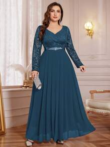 V-Neck Floral Lace Patchwork Chiffon Rhinestone Belt Formal Party Maxi Dress, Suitable For Valentine's Day, Wedding Guest, Birthday, Graduation Ceremony, Gala - Dusty Blue - View 5