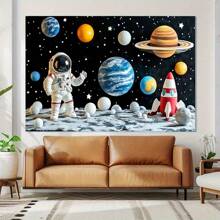 1 件太空主题生日派对背景 - 卡通外太空行星、火箭和星星 - 涤纶悬挂横幅，适用于节日和摄影