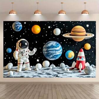 1 Pc Space Theme Birthday Party Background - Cartoon Outer Space Planets, Rockets And Stars - Polyester Hanging Banner For Festival And Photography