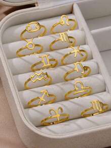 1pc 12 Zodiac Sign Ring, Unisex, 18K Gold Plated Stainless Steel Adjustable Open Ring, Fashion Jewelry Accessory, Birthday Gift - Yellow Gold - View 7
