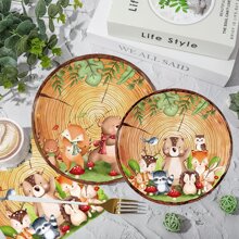 10/20 szt. Drewniane ziarna leśne zwierzęta tematyczne kreskówka jesień/zima małe zwierzę wzór zestaw zastawy stołowej na imprezę, zawiera 7-calowe/9-calowe jednorazowe talerze papierowe, serwetki imprezowe, kubki imprezowe, odpowiednie na przyjęcie urodzinowe, spotkania rodzinne, noc ogniska, piknik na świeżym powietrzu