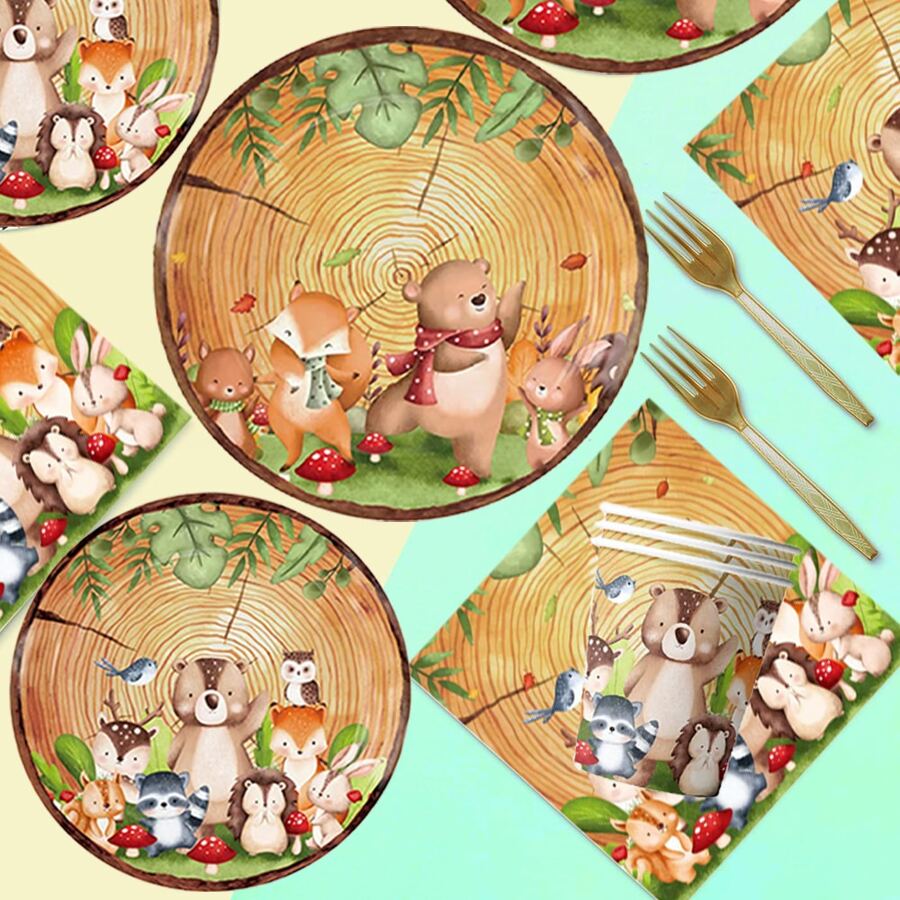 10/20 szt. Drewniane ziarna leśne zwierzęta tematyczne kreskówka jesień/zima małe zwierzę wzór zestaw zastawy stołowej na imprezę, zawiera 7-calowe/9-calowe jednorazowe talerze papierowe, serwetki imprezowe, kubki imprezowe, odpowiednie na przyjęcie urodzinowe, spotkania rodzinne, noc ogniska, piknik na świeżym powietrzu