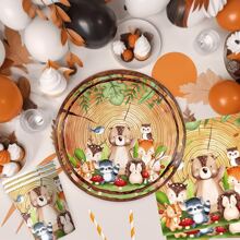 10/20 szt. Drewniane ziarna leśne zwierzęta tematyczne kreskówka jesień/zima małe zwierzę wzór zestaw zastawy stołowej na imprezę, zawiera 7-calowe/9-calowe jednorazowe talerze papierowe, serwetki imprezowe, kubki imprezowe, odpowiednie na przyjęcie urodzinowe, spotkania rodzinne, noc ogniska, piknik na świeżym powietrzu