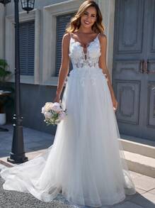 A-Line Beige Wedding Dresses With Mesh 3D Flowers Appliques And Flowing Open Back For Bridal,Bride - Beige - View 7