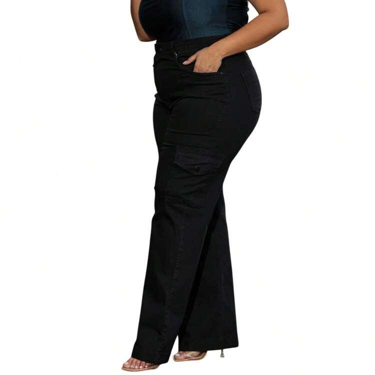 Women's Wide Leg Black Jeans With Pocket Cargo Plus Size - 黑色 - 查看 5