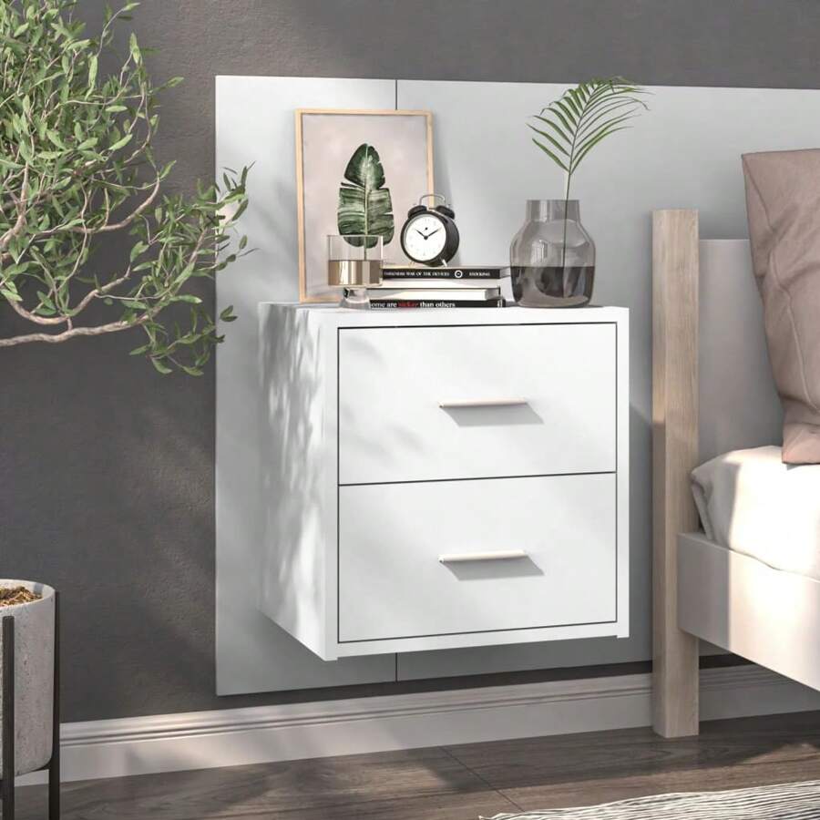 Sleek High Gloss White Wall Mounted Bedside Cabinet Storage Solution - White - View 1