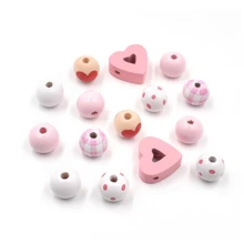 190pcs Valentine's Day Heart Shaped Hollow Wood Bead Set, Colorful Round Beads Combo For DIY Craft Decoration