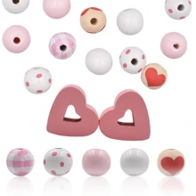 190pcs Valentine's Day Heart Shaped Hollow Wood Bead Set, Colorful Round Beads Combo For DIY Craft Decoration