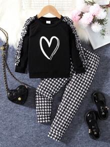 2pcs/Set Young Girl Casual Heart Print Frill Trim Long Sleeve Top And Straight Leg Pants Set, Suitable For Spring And Autumn - Black and White - View 1