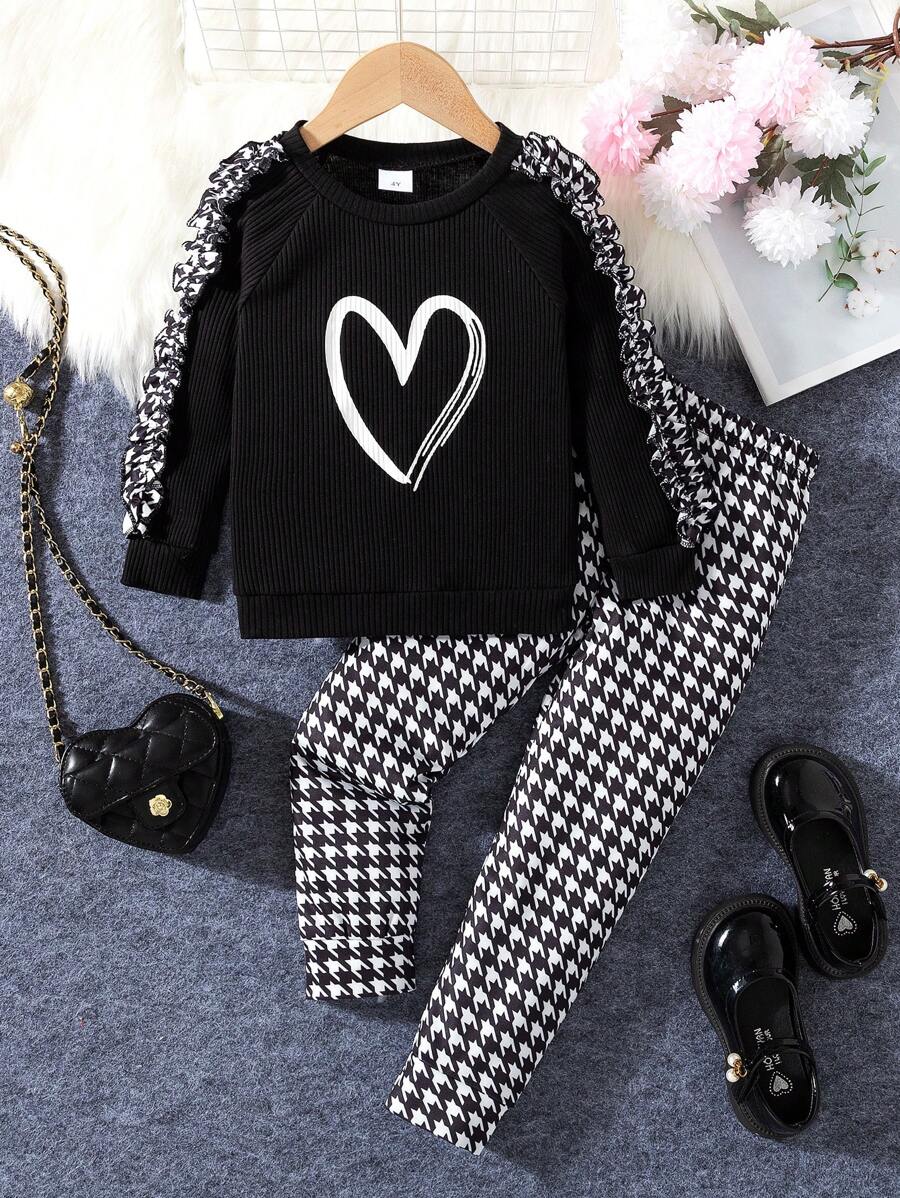 2pcs/Set Young Girl Casual Heart Print Frill Trim Long Sleeve Top And Straight Leg Pants Set, Suitable For Spring And Autumn - Black and White - View 1