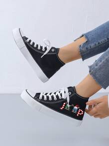 Women's Creative Christmas Sleigh Printed Canvas Sneakers, Minimalist Style Flat Black Canvas Casual Shoes For Daily Wear