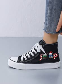 Women's Creative Christmas Sleigh Printed Canvas Sneakers, Minimalist Style Flat Black Canvas Casual Shoes For Daily Wear