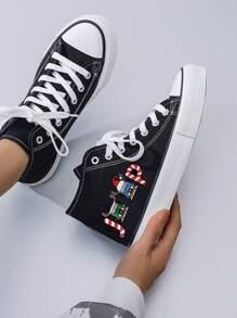 Women's Creative Christmas Sleigh Printed Canvas Sneakers, Minimalist Style Flat Black Canvas Casual Shoes For Daily Wear