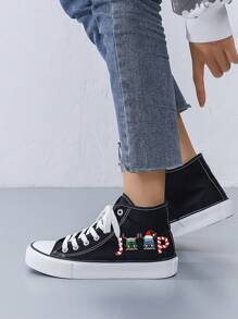 Women's Creative Christmas Sleigh Printed Canvas Sneakers, Minimalist Style Flat Black Canvas Casual Shoes For Daily Wear