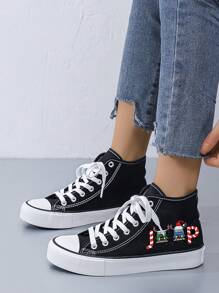 Women's Creative Christmas Sleigh Printed Canvas Sneakers, Minimalist Style Flat Black Canvas Casual Shoes For Daily Wear