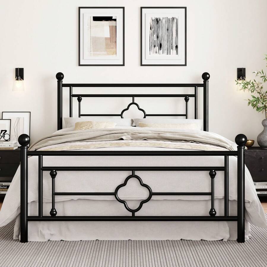 SHA CERLIN 14 Inches 4 Size 4 Color Metal Platform Bed Frame/Vintage Iron-Art Headboard And Footboard/Mattress Foundation/No Box Spring Needed/Noise-Free/Easy Assembly, Room Decor, Bedroom Christmas Decorations Home Decor Christmas Gift, Gold|White|Black|Pink * Bed Frame Queen Queen Bed Frame Bed Frame Full Full Size Bed Frame King Size Bed Frame Twin Bed Frame Room Decor Home Decor Christmas Decor Bedroom Decor Valentine Day Decor Storage Living Room Decor Furniture House Decor - 黑色 - 查看 1