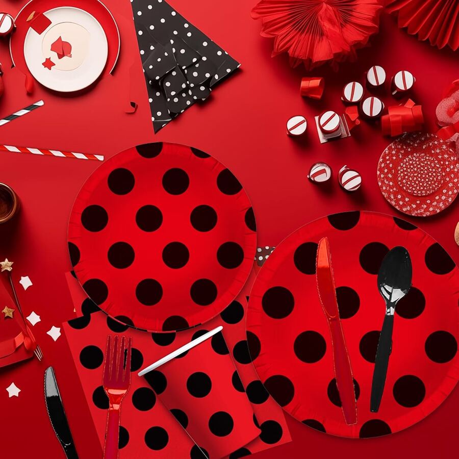 Zestaw 10/20 sztuk artykułów imprezowych z motywem biedronki, w tym 7"/9" czerwone z czarnymi kropkami papierowe talerze, serwetki, kubki z biedronką, odpowiednie na przyjęcia urodzinowe, spotkania rodzinne, pikniki, Boże Narodzenie, obchody Nowego Roku